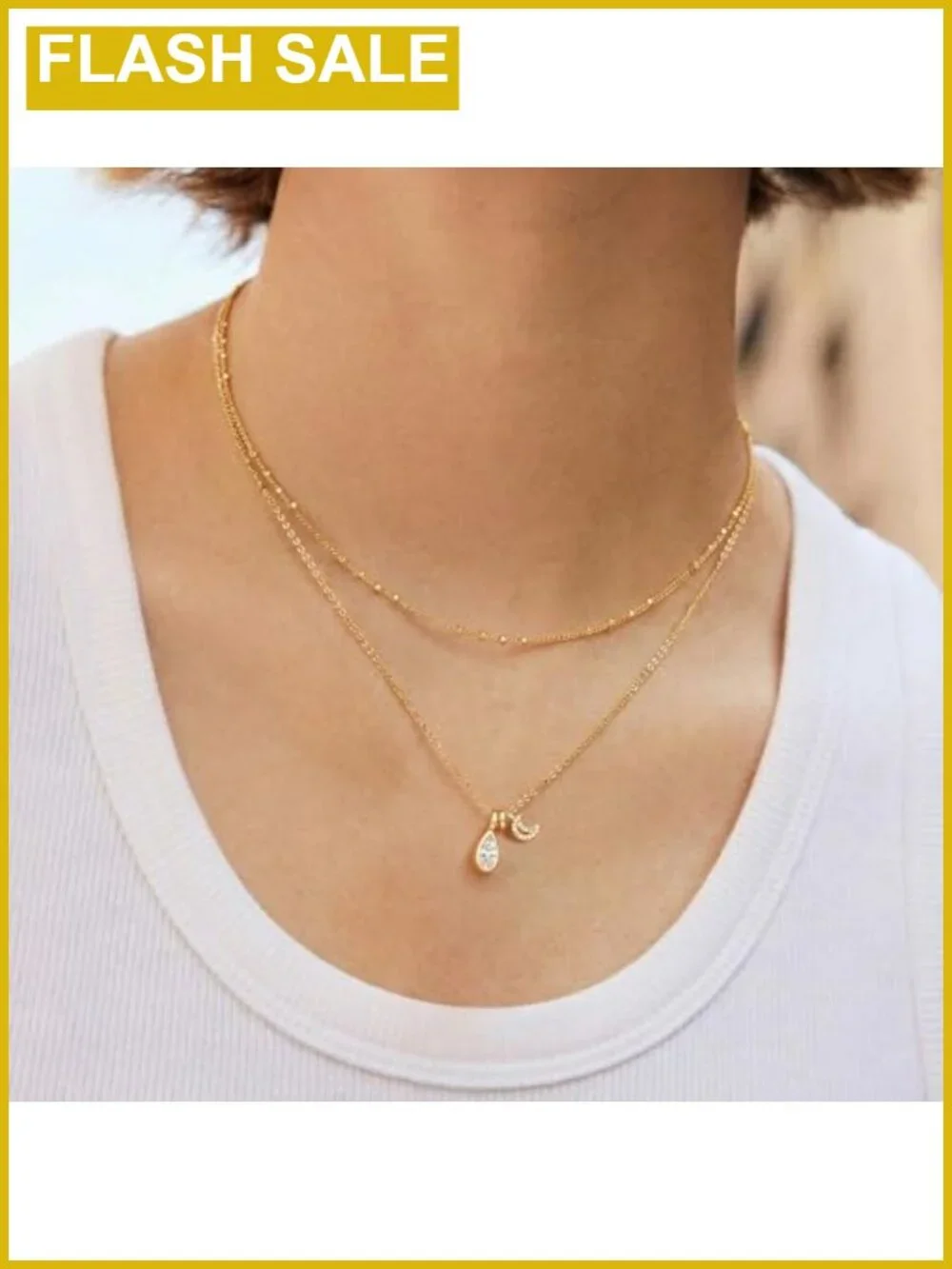 14K Gold Plated Moon Pendant Necklace with Cubic Zirconia Teardrop